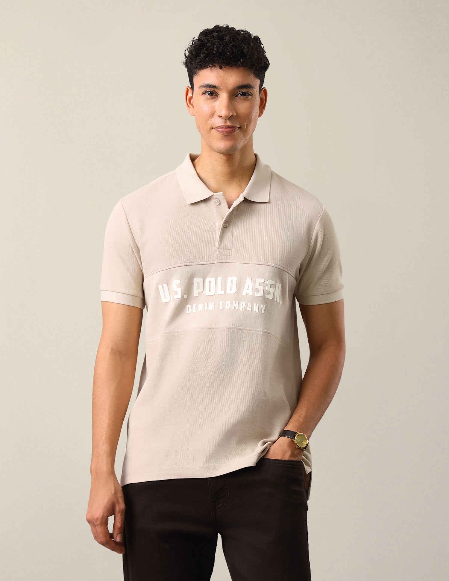 Brand Embossed Slim Fit Polo Shirt Beige - U.S. Polo Assn. India | Large