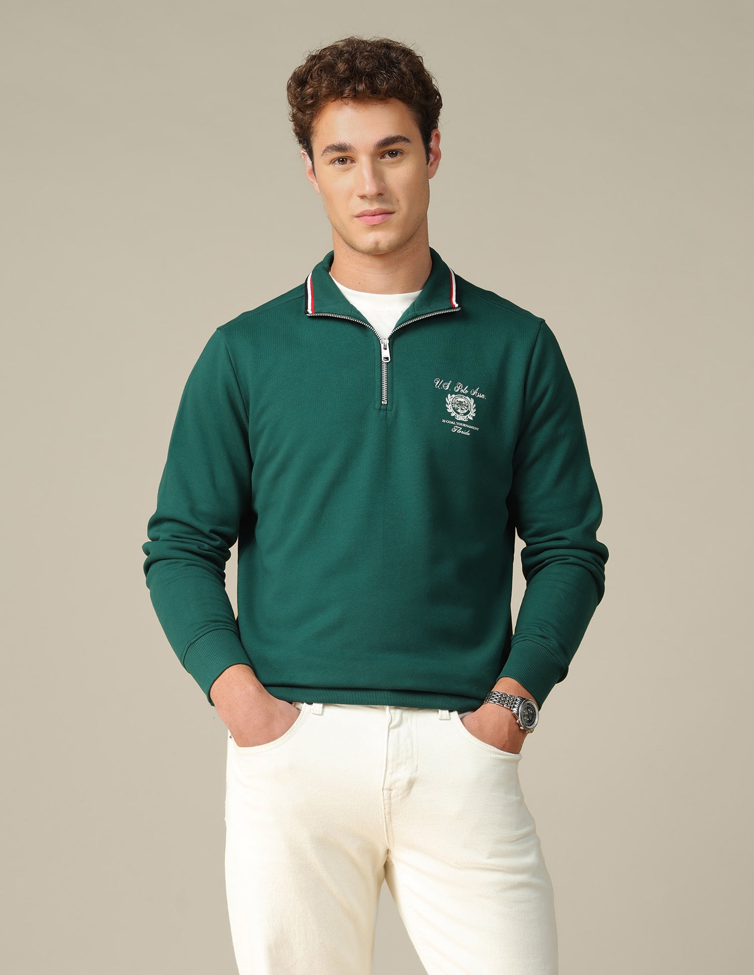 Solid Zipper Sweatshirt Dark Green - U.S. Polo Assn. India | Large