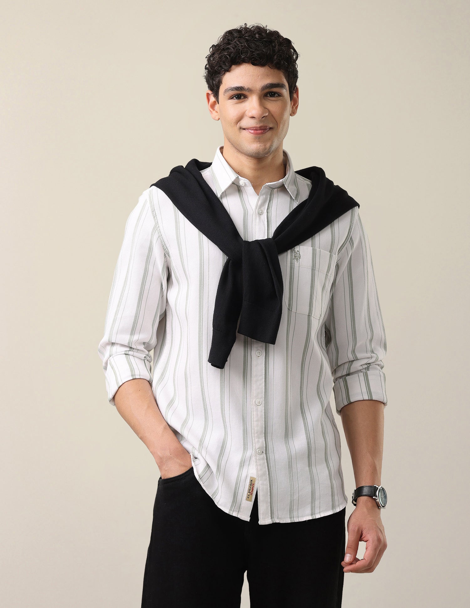 Vertical Striped Regular Fit Shirt Light Green - U.S. Polo Assn. India | Large