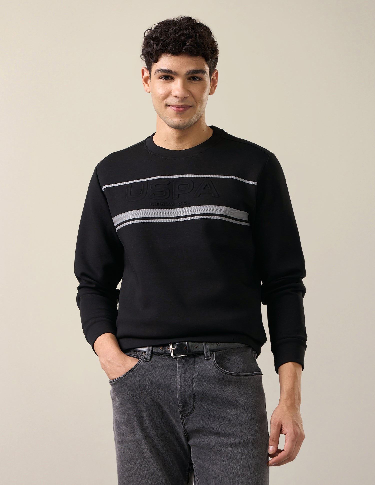 Brand Embossed Regular Fit Sweatshirt Black - U.S. Polo Assn. India | Large