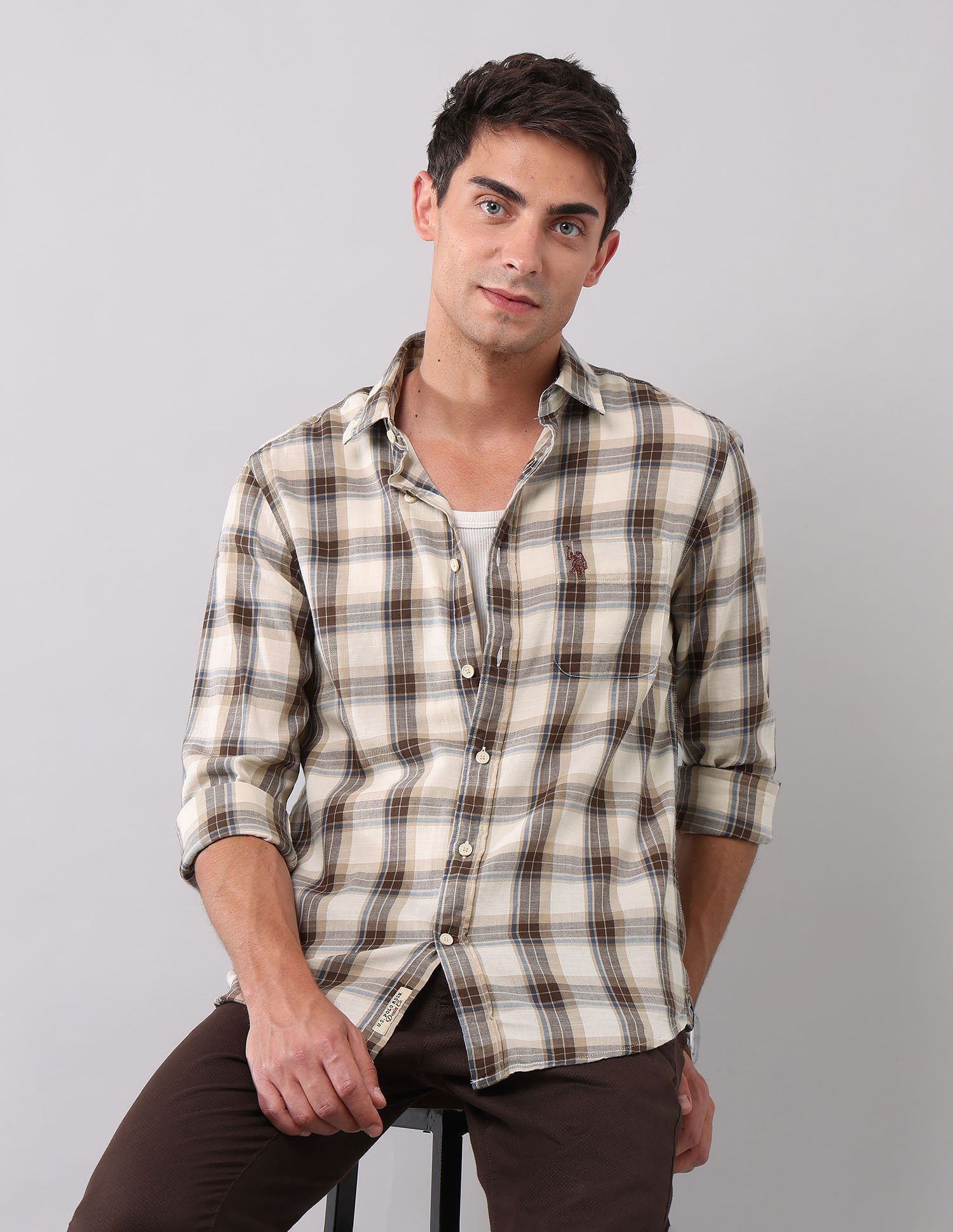 Plaid Checked Pure Cotton Shirt Off White - U.S. Polo Assn. India | Large