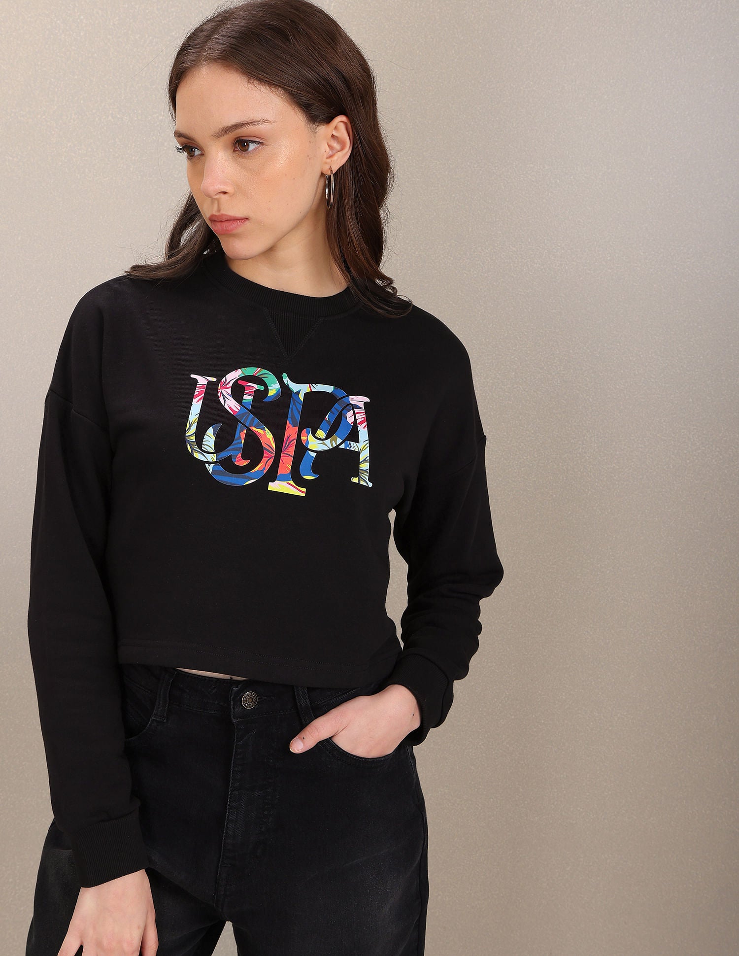 Crew Neck Typographic Print Crop Sweatshirt Black - U.S. Polo Assn. India | Large