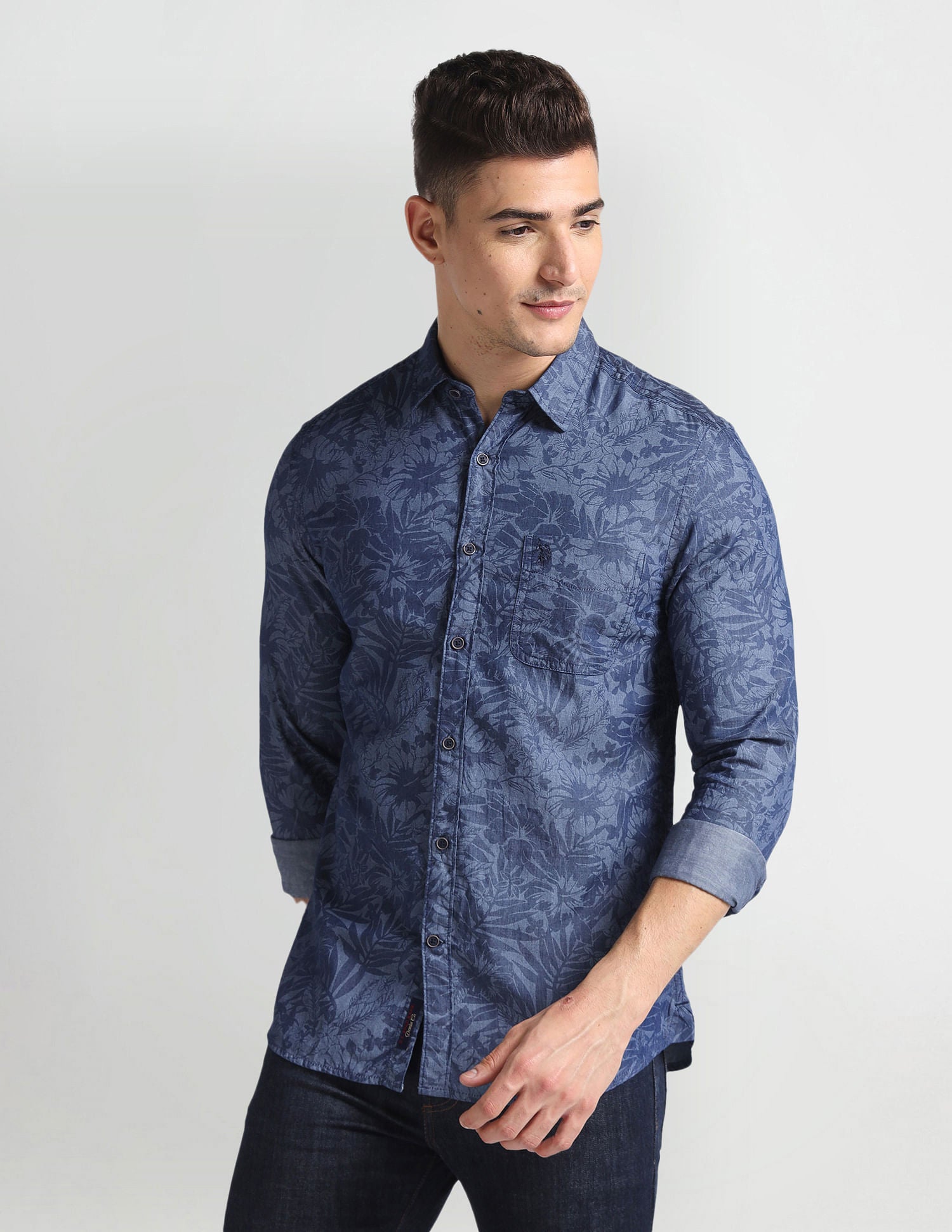 Floral Print Chambray Shirt Blue - U.S. Polo Assn. India | Large