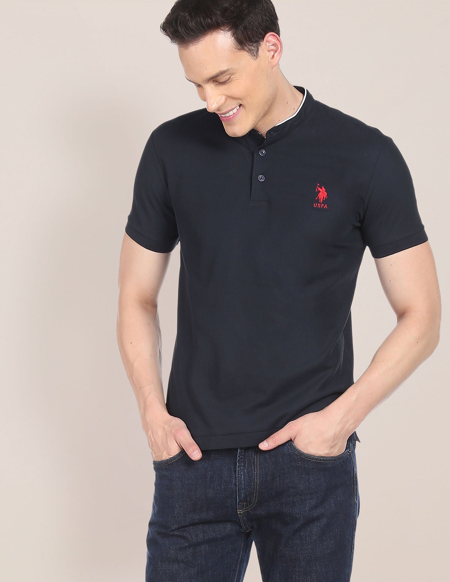Mandarin Collar Brand Logo Polo Shirt Navy - U.S. Polo Assn. India | Large