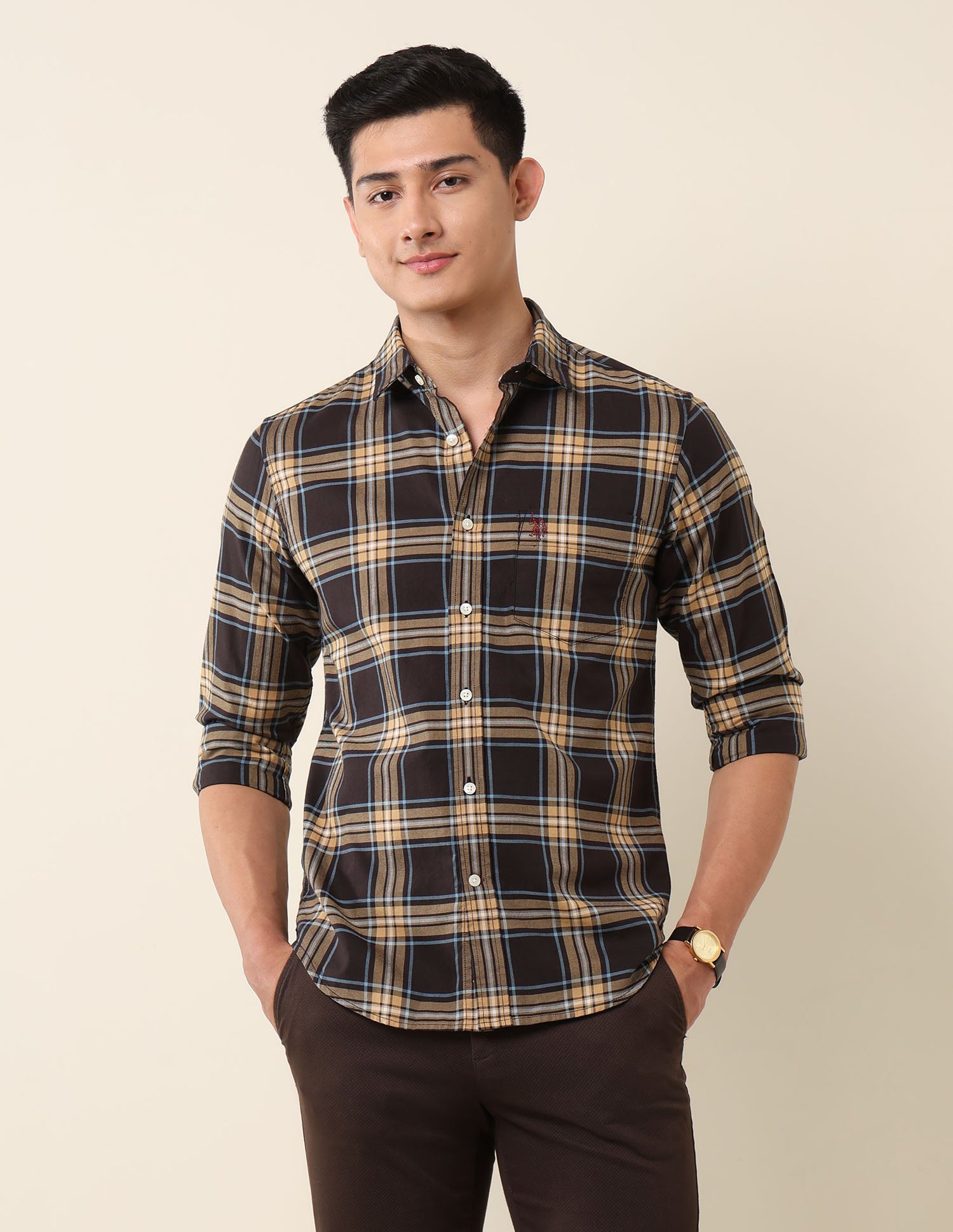 Plaid Checked Pure Cotton Shirt Brown - U.S. Polo Assn. India | Large