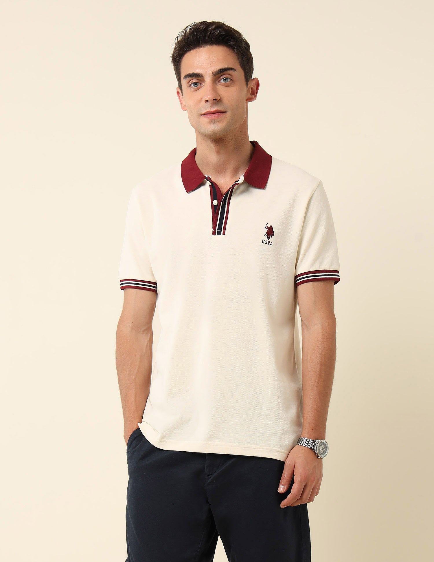 Pure Cotton Slim Fit Polo Shirt Off White - U.S. Polo Assn. India | Large