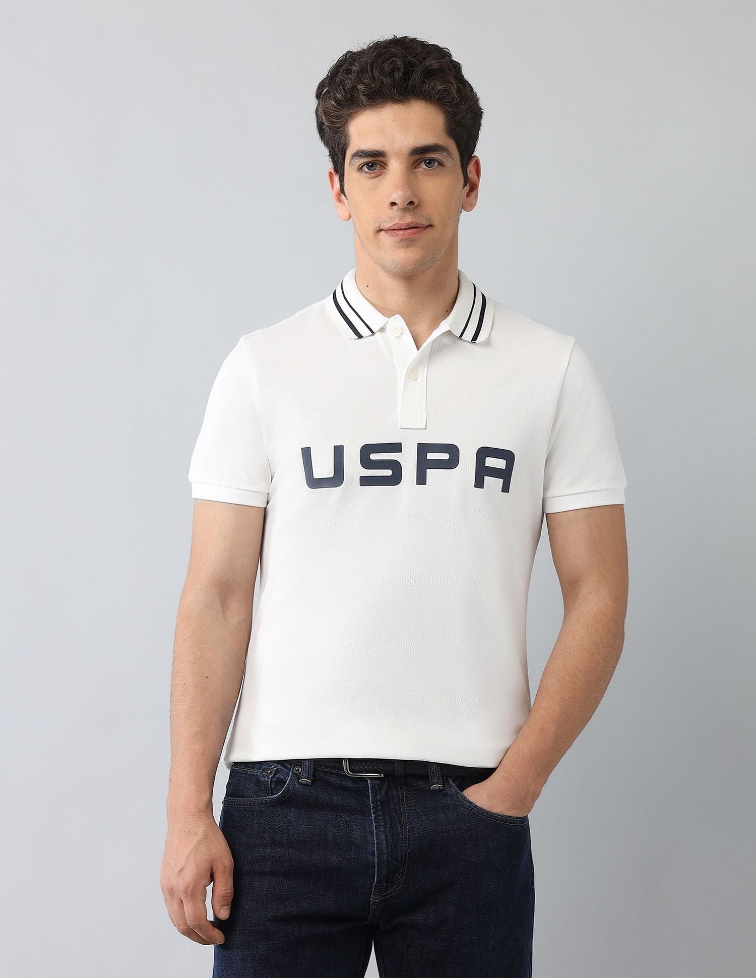 Muscle Fit Brand Printed Polo Shirt Ivory - U.S. Polo Assn. India | Large