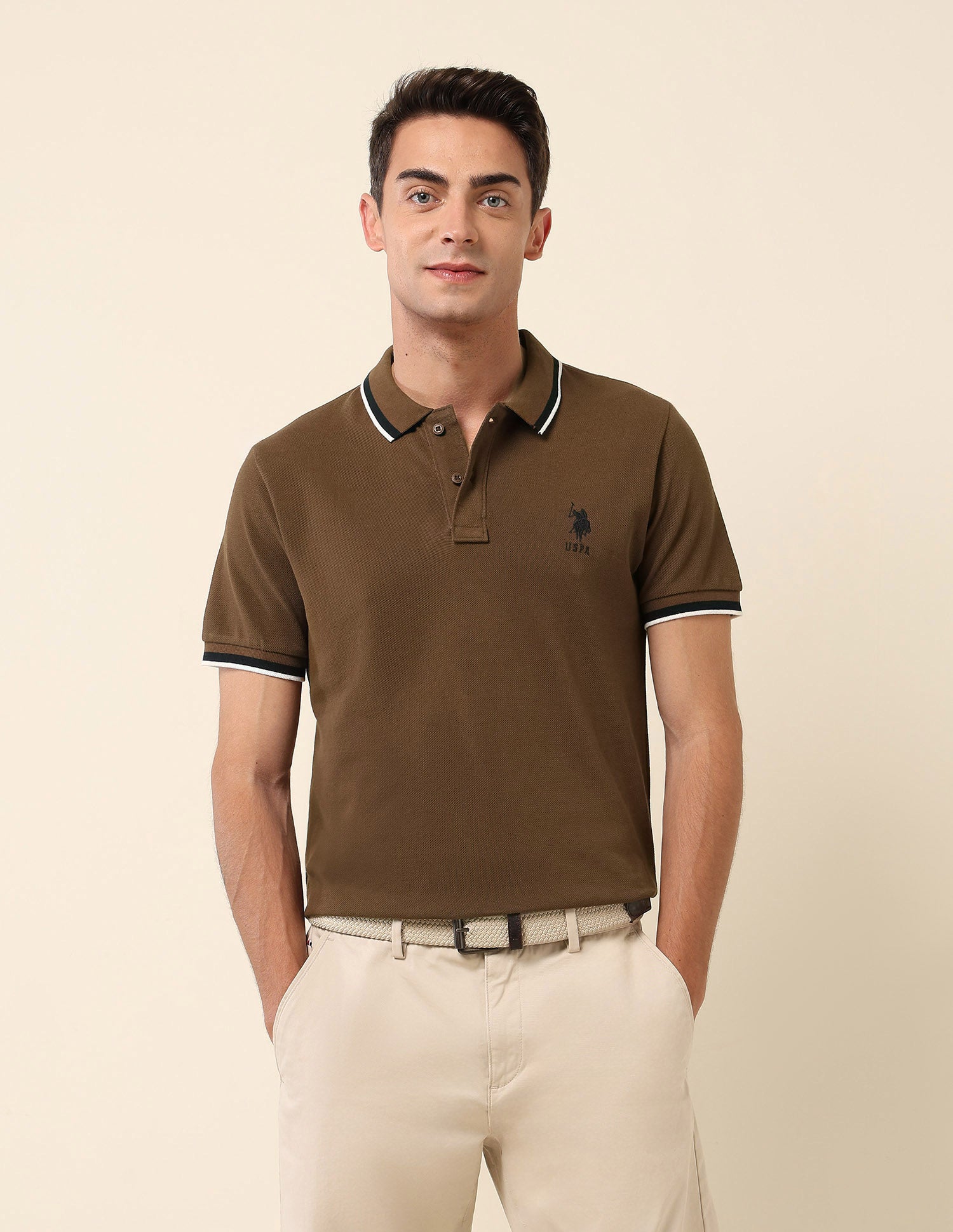 Pure Cotton Slim Fit Polo Shirt Light Brown - U.S. Polo Assn. India | Large