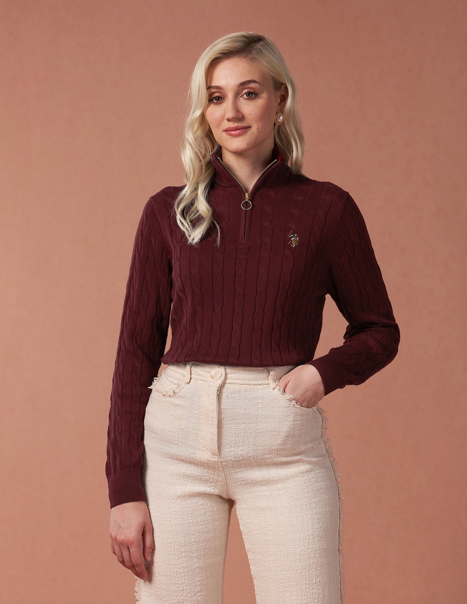 High Neck Cable Knit Sweater Wine - U.S. Polo Assn. India | Large