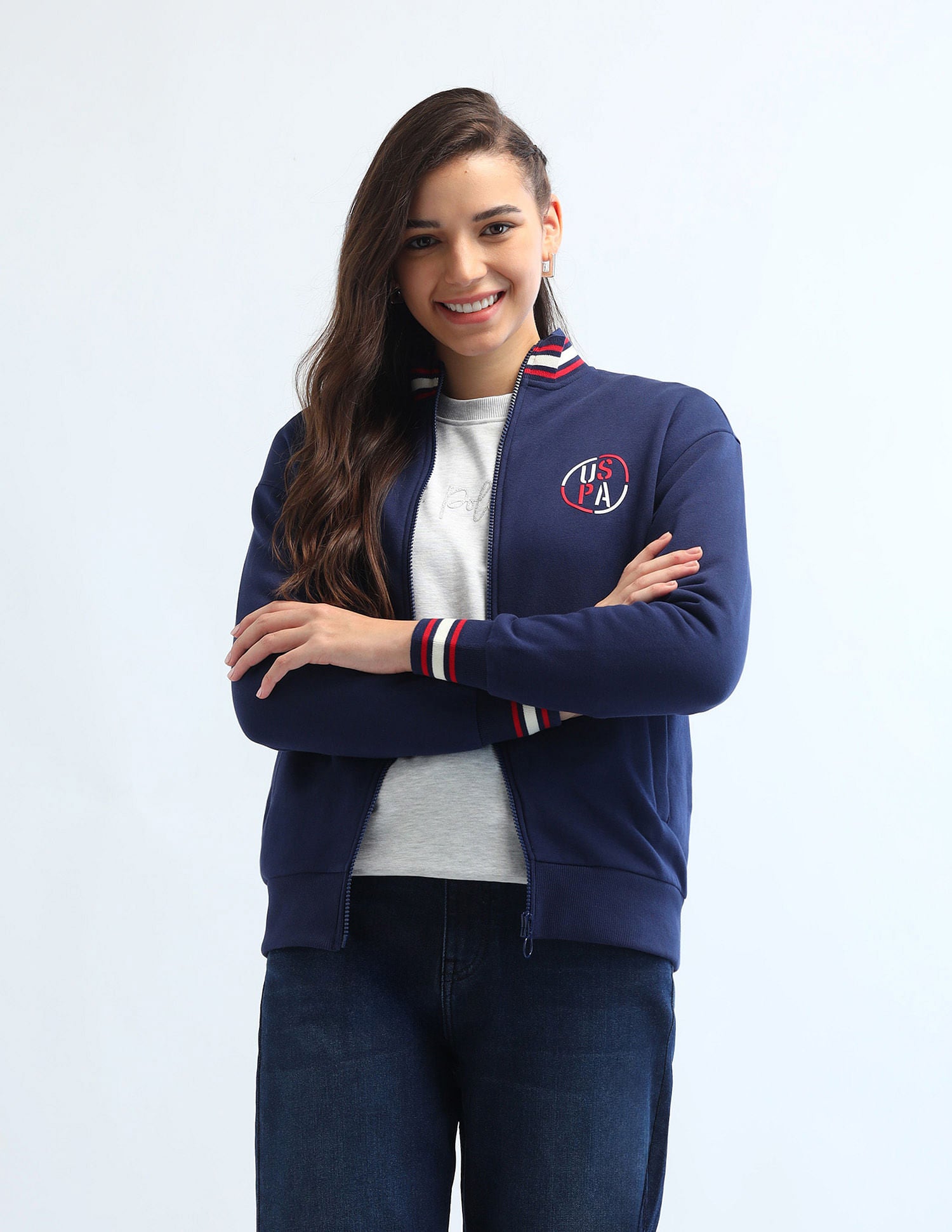 Tipped Collar Zip Up Sweatshirt Navy - U.S. Polo Assn. India | Large