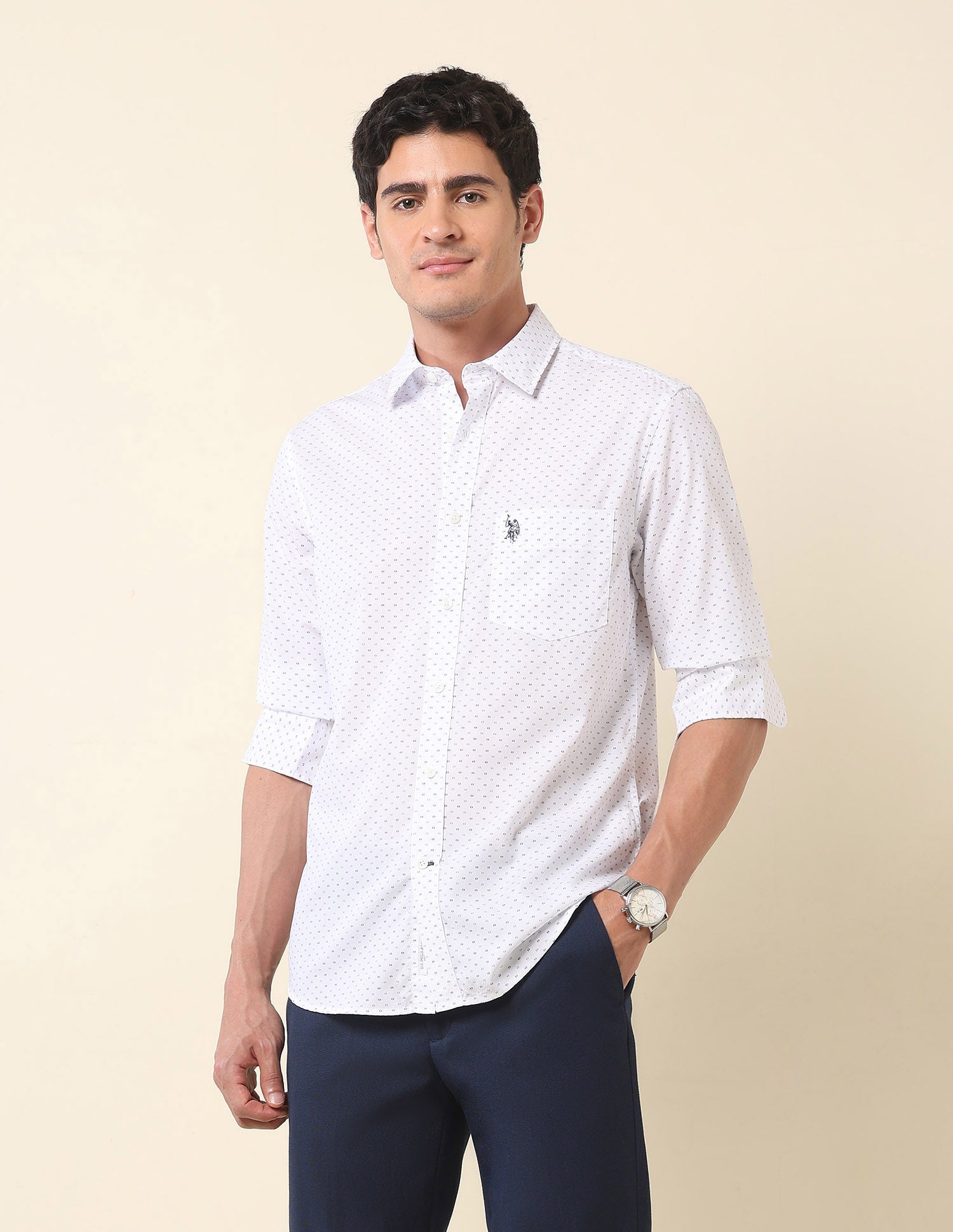 Pure Cotton Geometric Printed Shirt White - U.S. Polo Assn. India | Large