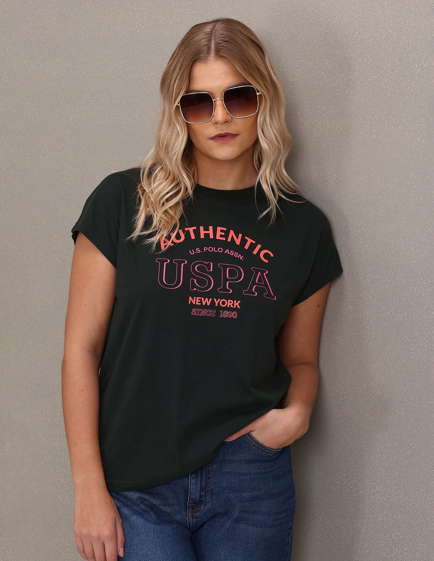 Crew Neck Typographic Print T-Shirt Dark Green - U.S. Polo Assn. India | Large