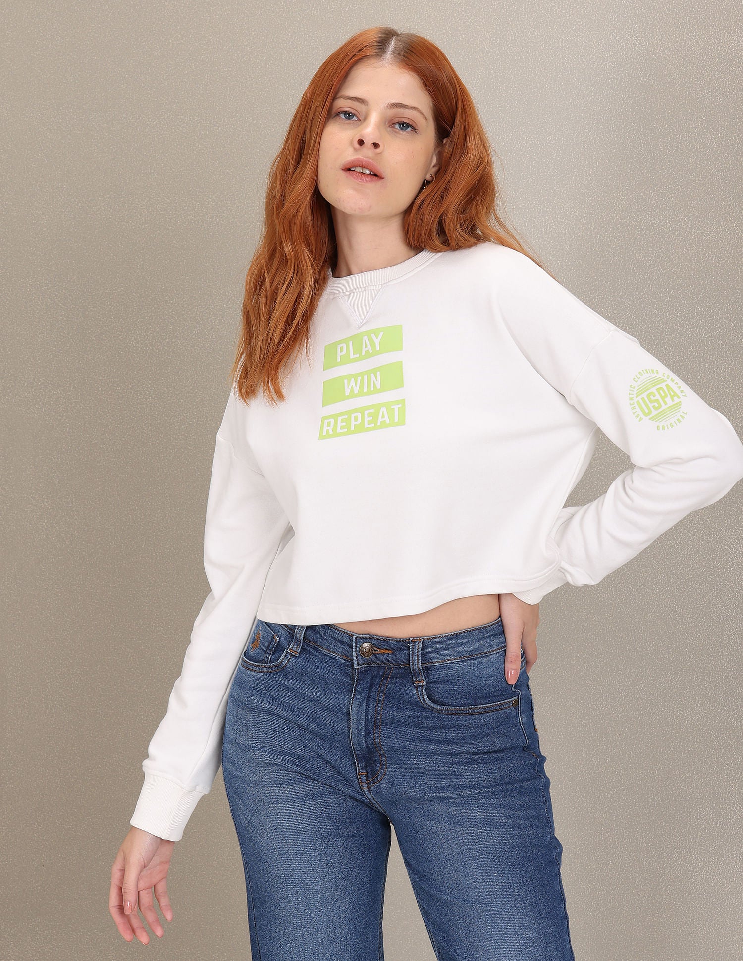 Crew Neck Typographic Print Sweatshirt White - U.S. Polo Assn. India | Large