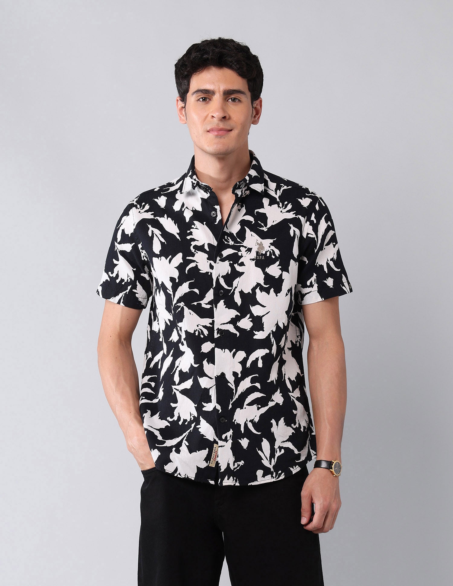Floral Printed Pure Cotton Shirt Black - U.S. Polo Assn. India | Large