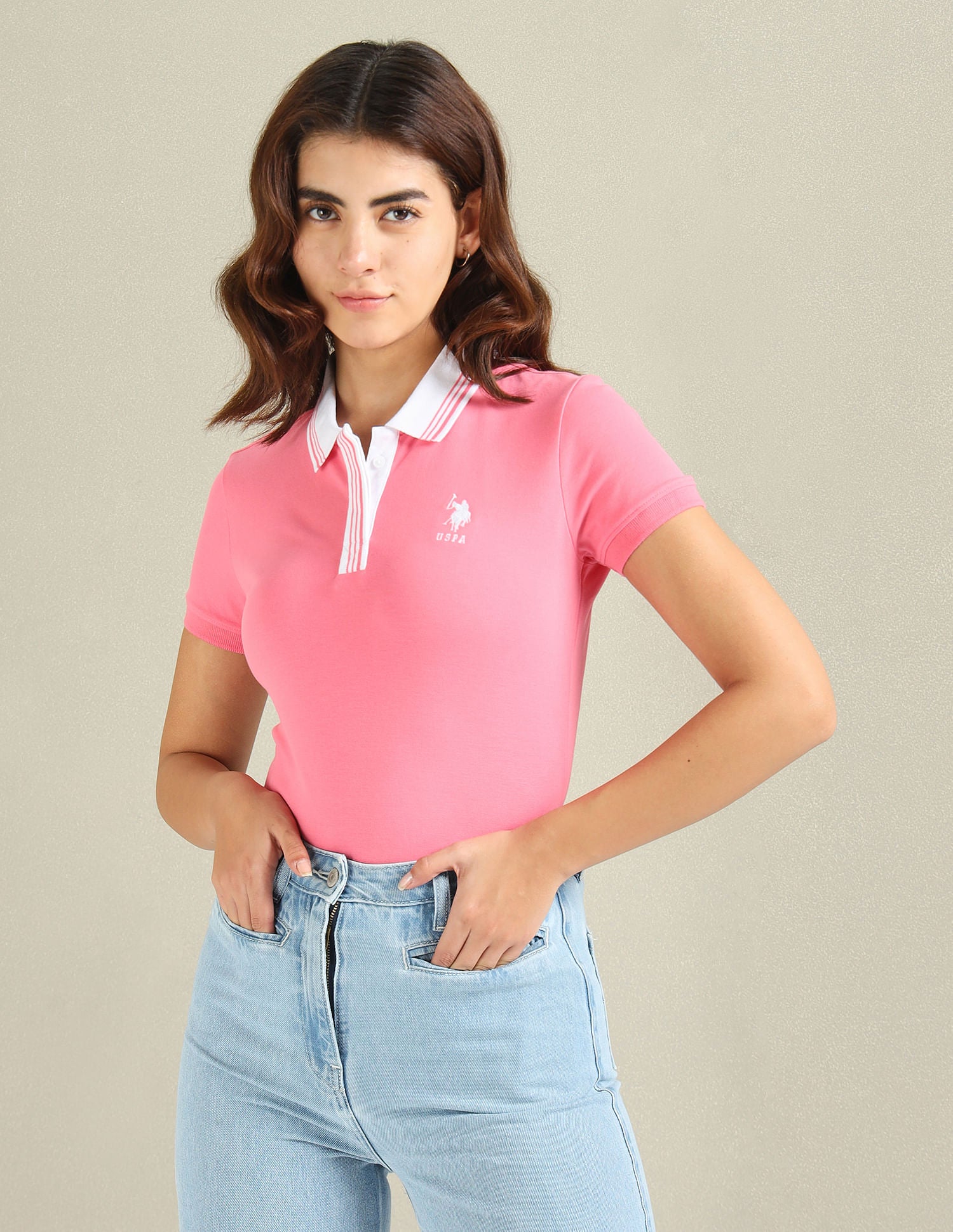 Striped Collar Pique Polo Shirt