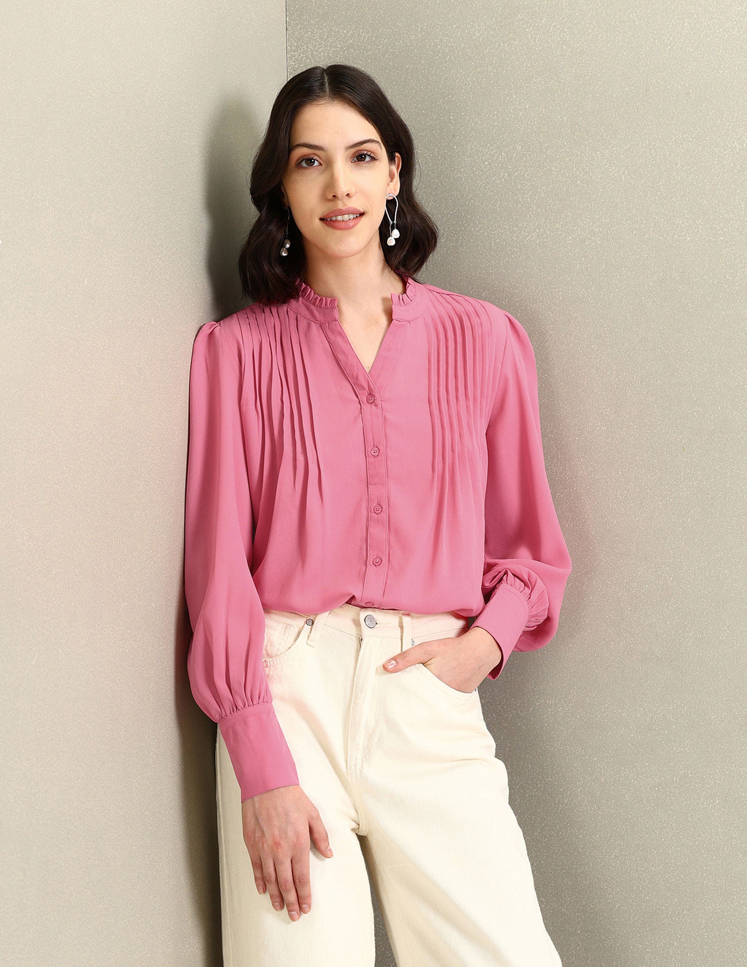 Front Pleat Mandarin Collar Top