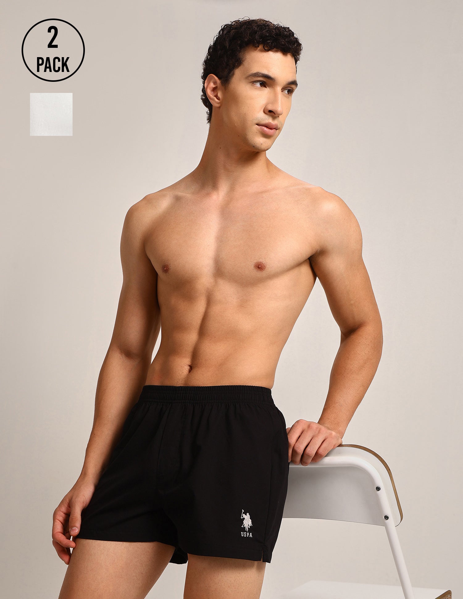 Light Cotton OEX16-P2 Boxer Shorts - Pack Of 2 Ivory & Black - U.S. Polo Assn. India | Large