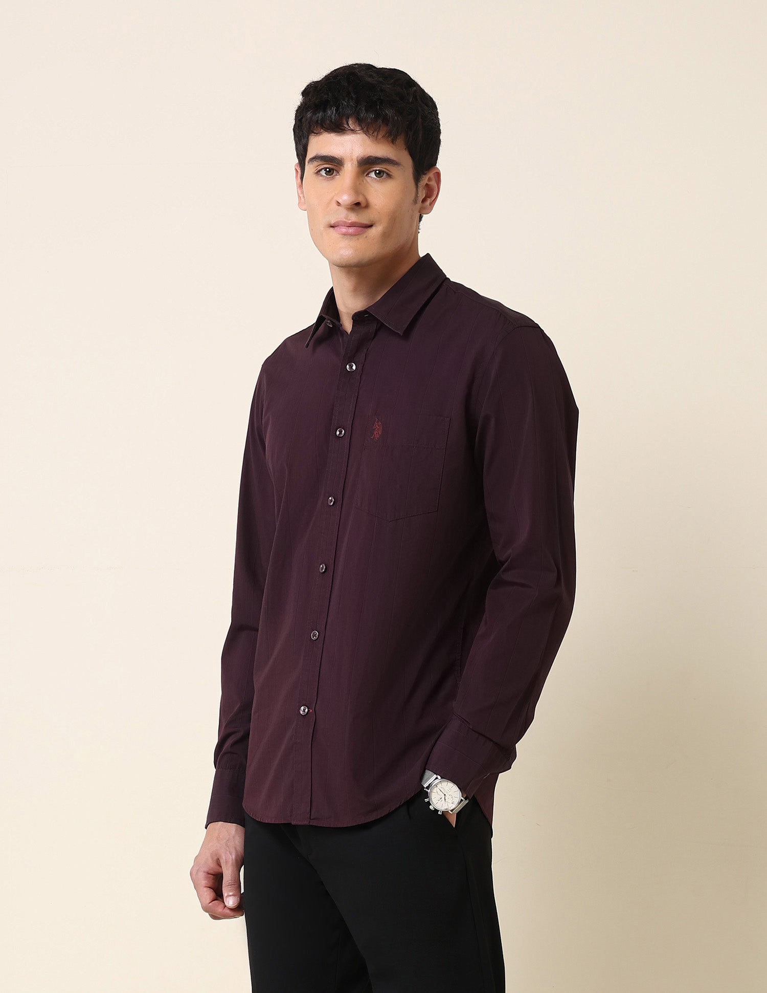 Tailored Fit Vertical Striped Shirt Wine - U.S. Polo Assn. India | Large