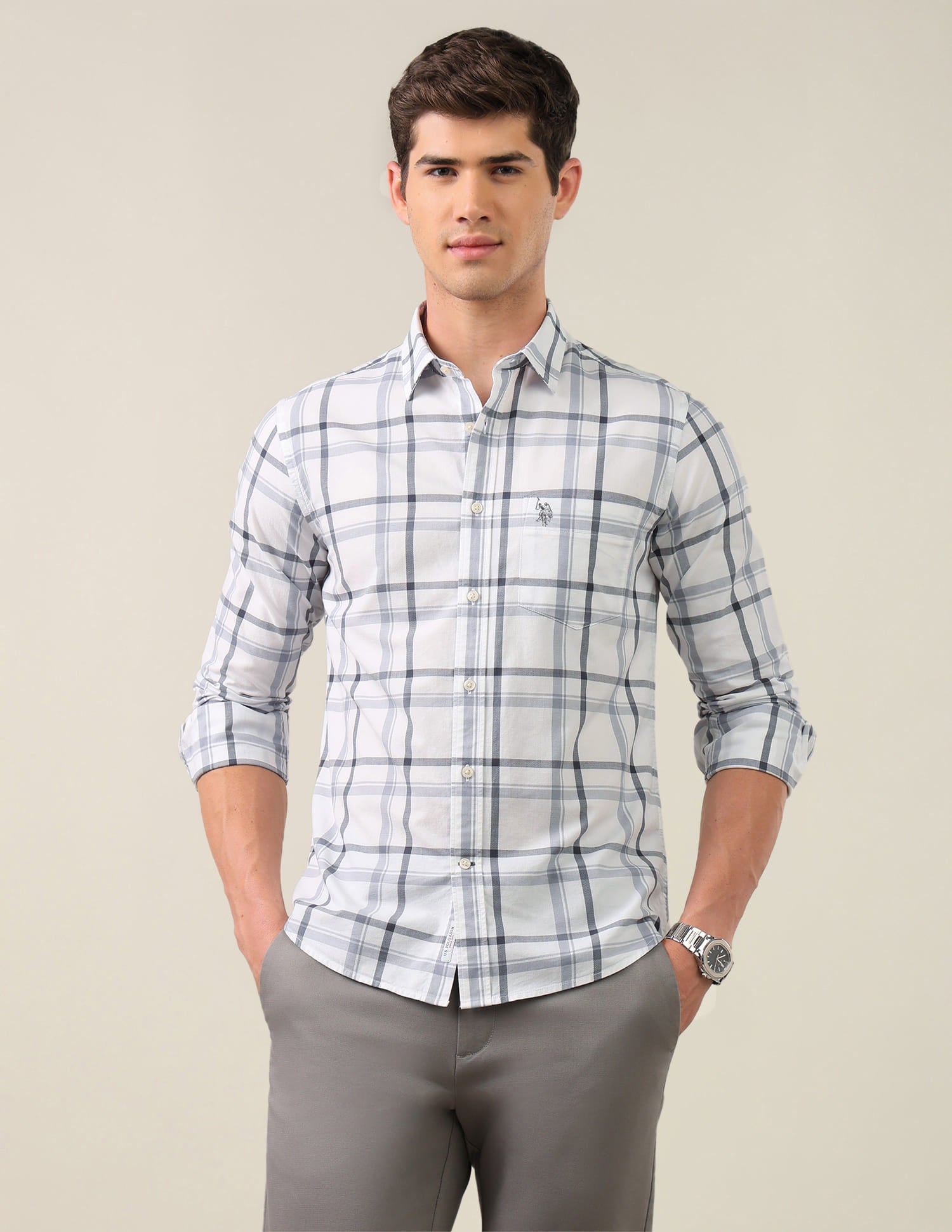 Grid Tattersall Checked Tailored Fit Shirt Grey - U.S. Polo Assn. India | Large