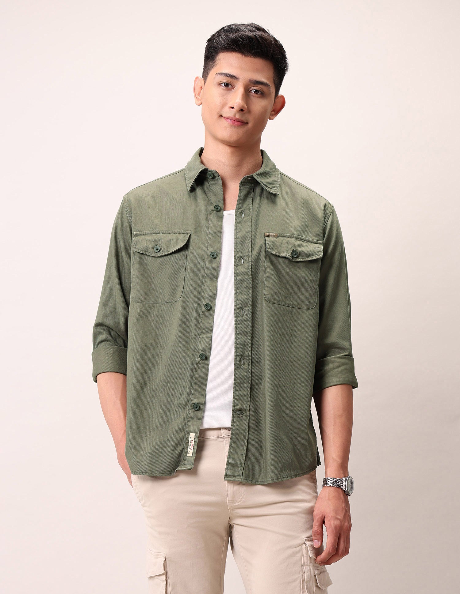 Slim Fit Pure Cotton Shirt Olive - U.S. Polo Assn. India | Large
