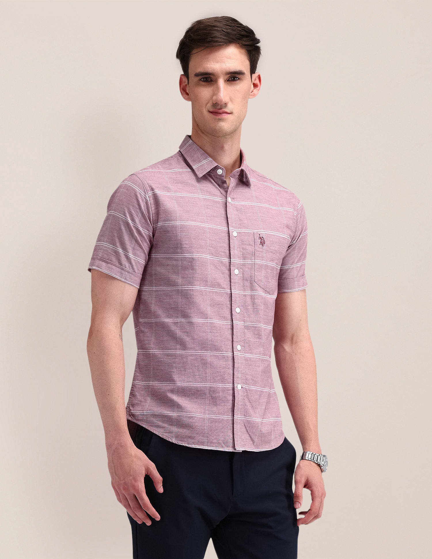 Windowpane Checked Regular Fit Shirt Maroon - U.S. Polo Assn. India | Large