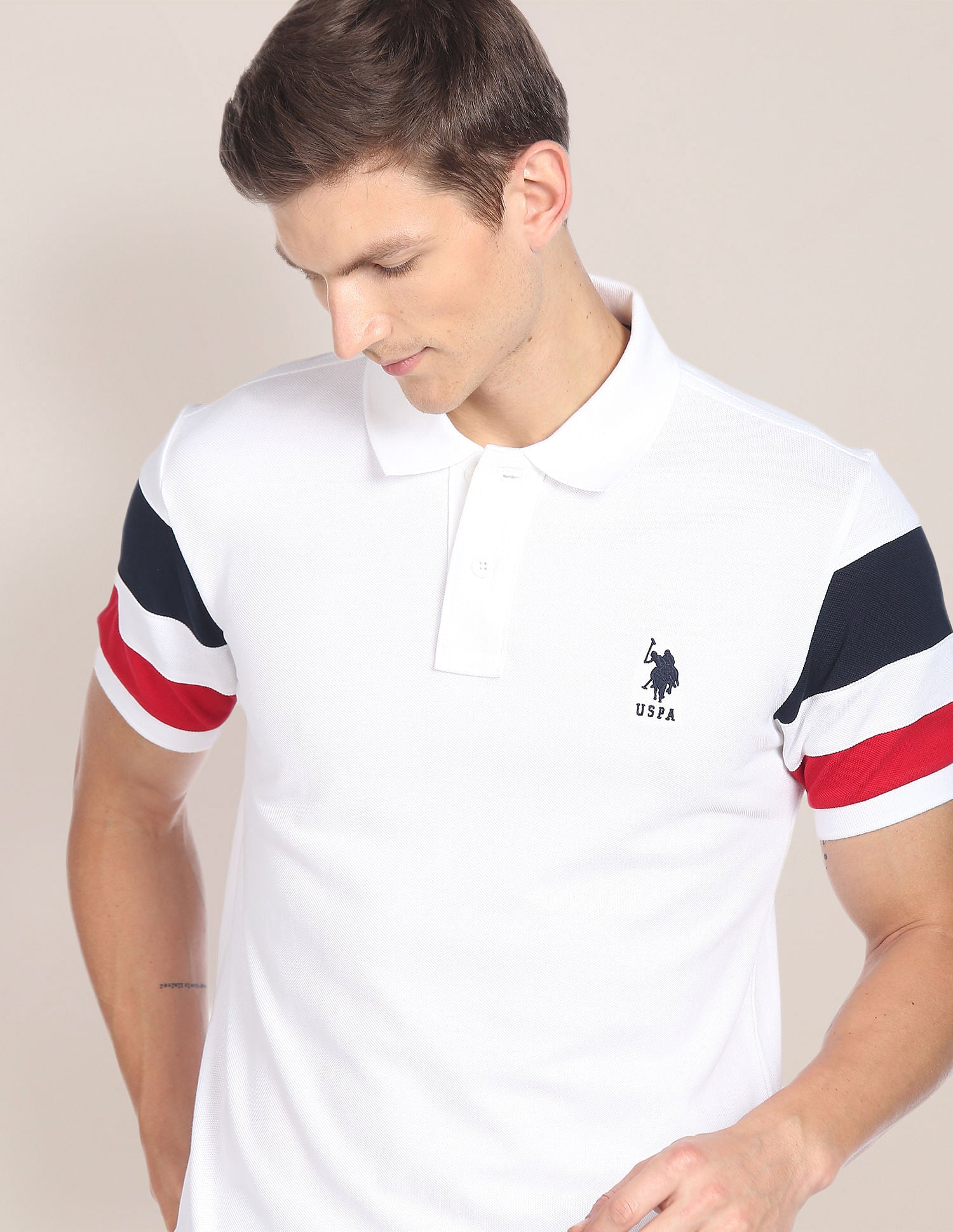 Striped Sleeve Cotton Polo Shirt White - U.S. POLO ASSN. | Large