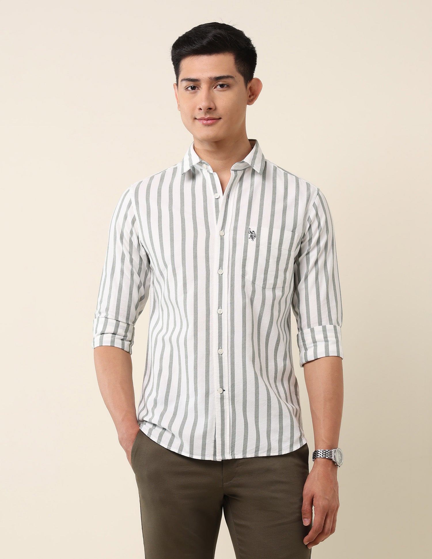 Vertical Striped Pure Cotton Shirt Dark Green - U.S. Polo Assn. India | Large