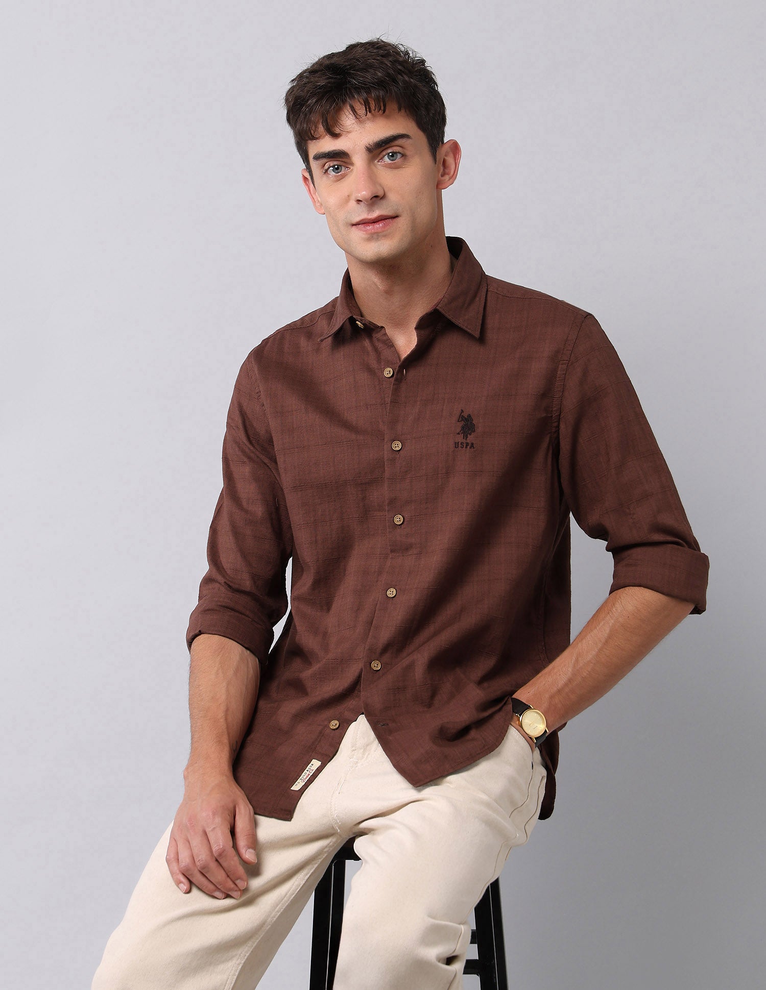 Pure Cotton Textured Shirt Burgundy - U.S. Polo Assn. India | Large