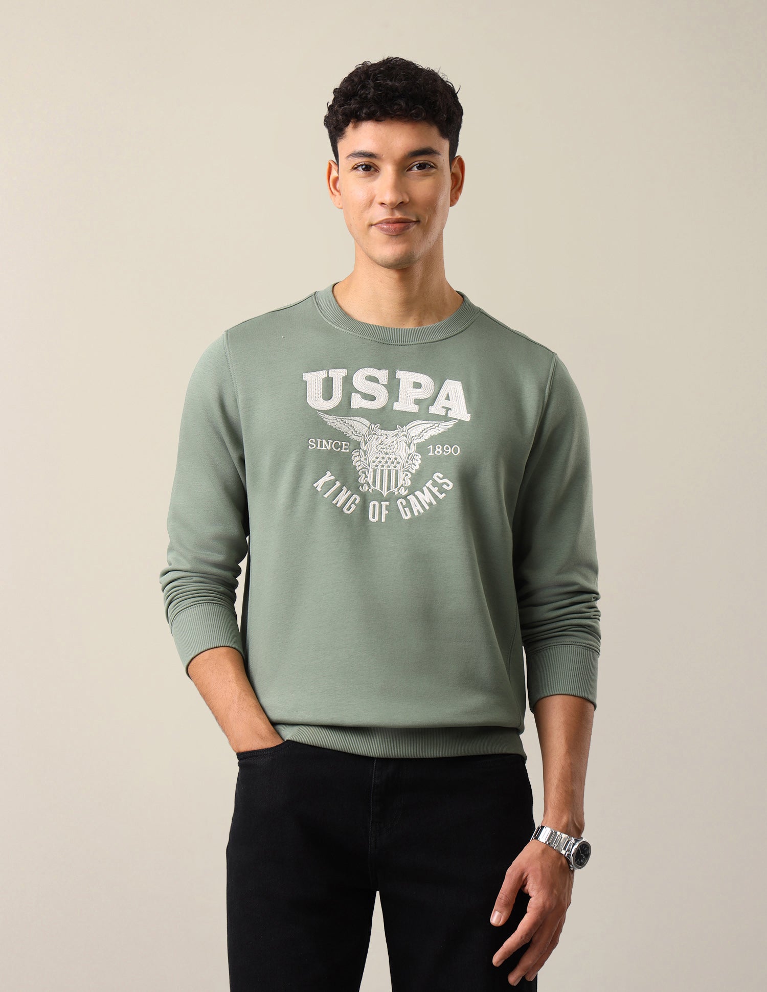Brand Embroidered Regular Fit Sweatshirt Green - U.S. Polo Assn. India | Large
