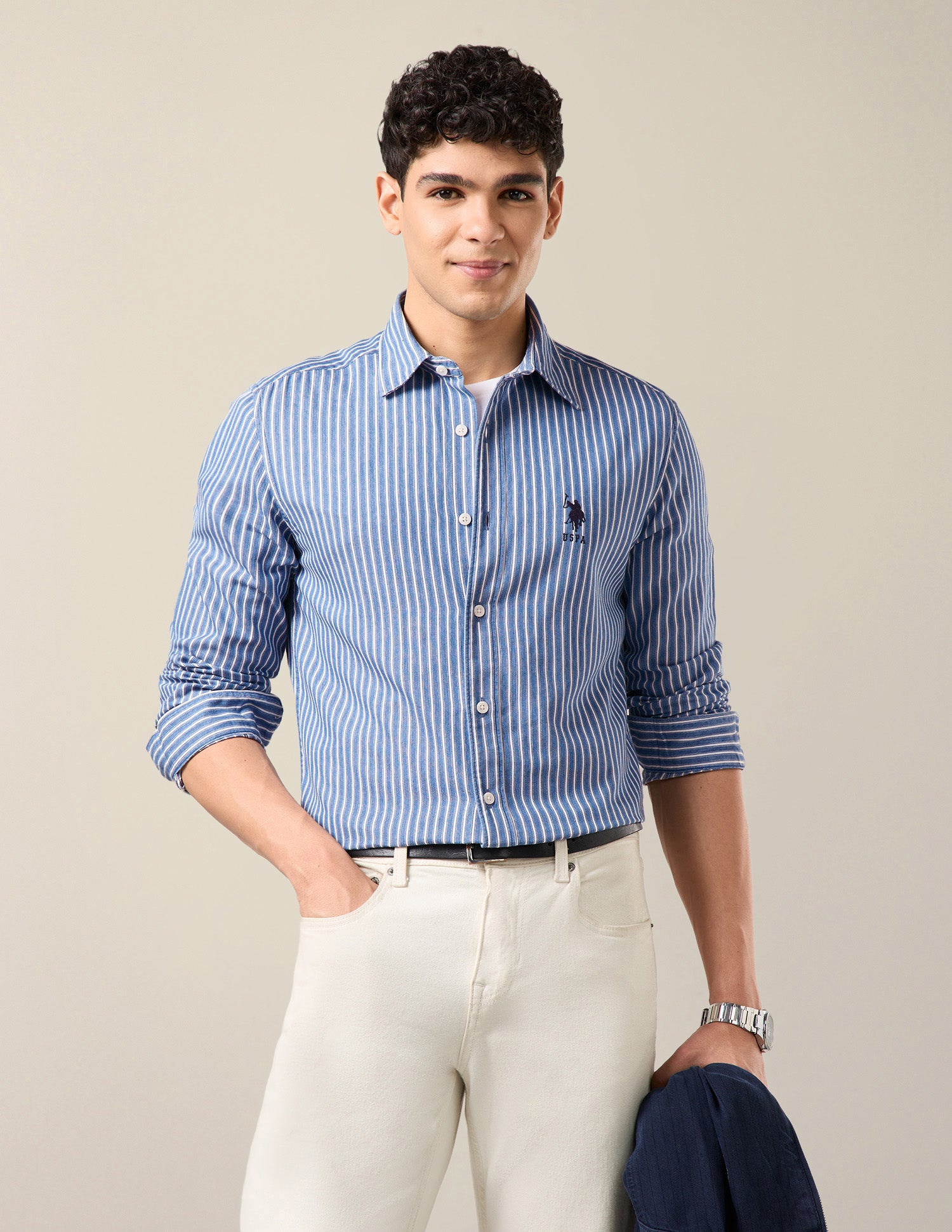 Vertical Striped Twill Shirt Light Indigo - U.S. Polo Assn. India | Large