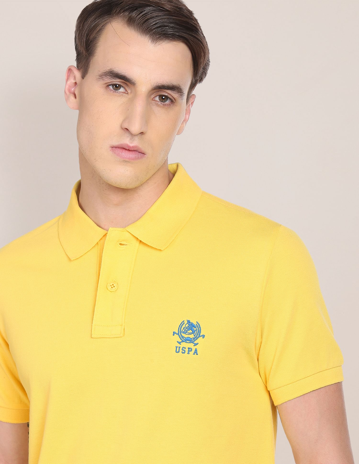 Men Yellow Solid Pique Knit Pure Cotton Polo Shirt Yellow - U.S. POLO ASSN. | Large
