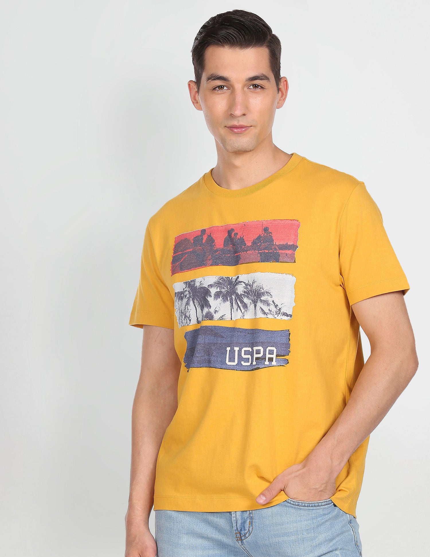 Men Yellow Crew Neck Graphic Print T-Shirt Yellow - U.S. Polo Assn. India | Large