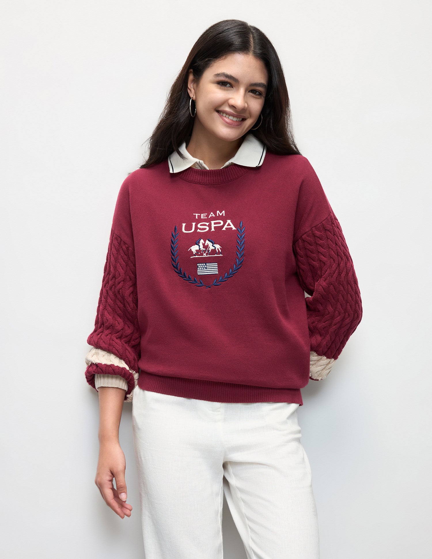 Brand Embroidered Regular Fit Sweater Dark Red - U.S. Polo Assn. India | Large