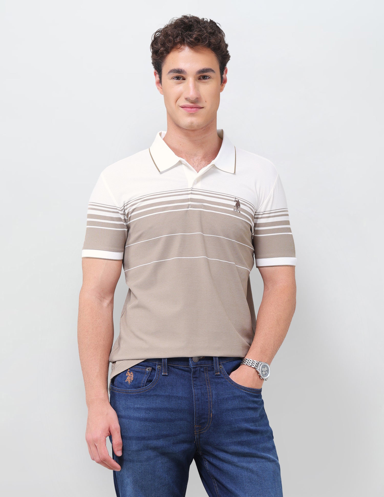 Colourblocked Slim Fit Polo Shirt Off White - U.S. Polo Assn. India | Large