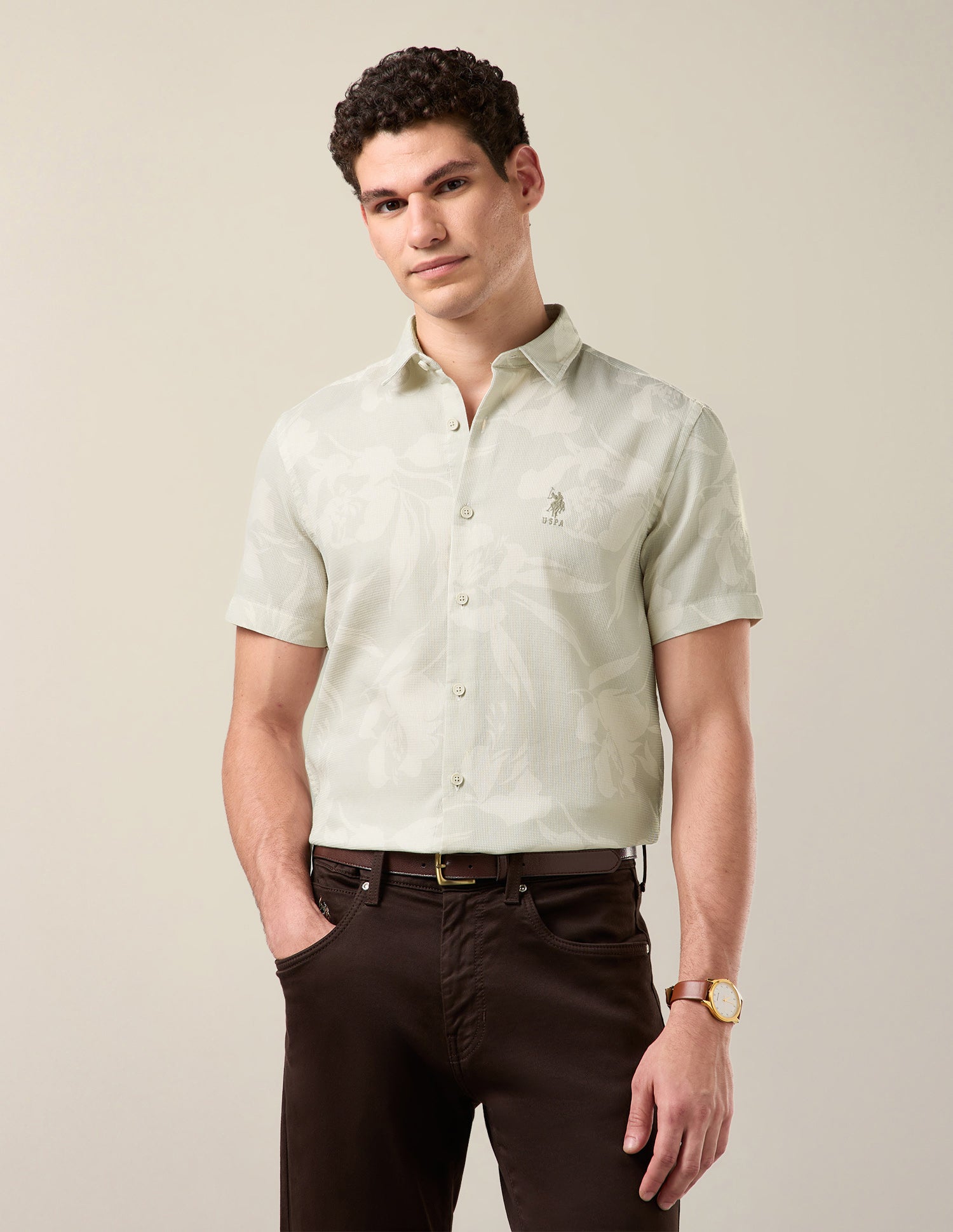 All Over Printed Regular Fit Shirt Beige - U.S. Polo Assn. India | Large