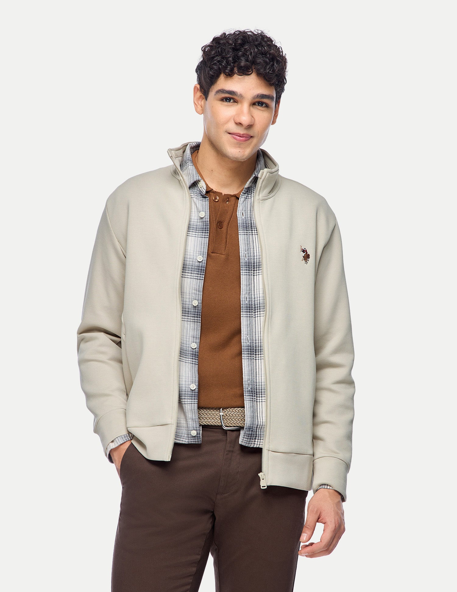 Solid Regular Fit Zipper Sweatshirt Beige - U.S. Polo Assn. India | Large