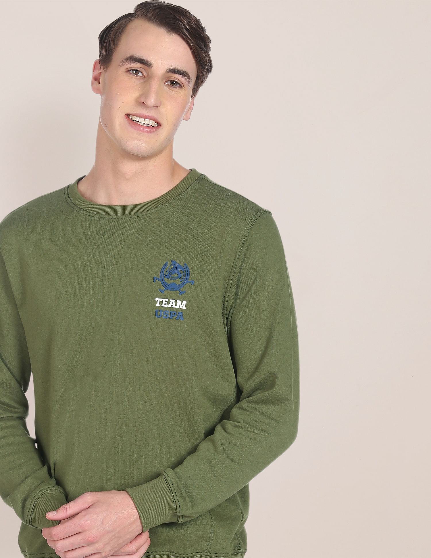 Crew Neck Solid Sweatshirt Olive - U.S. POLO ASSN. | Large