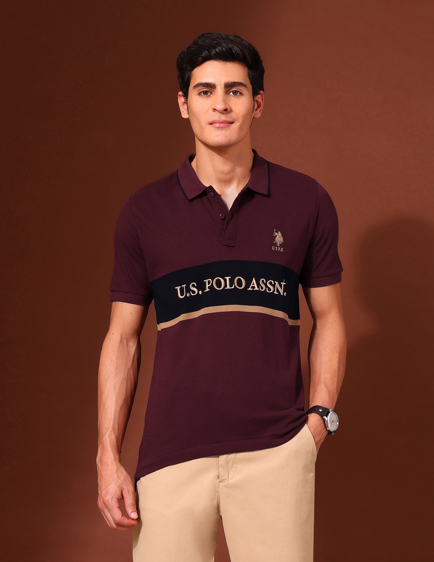 Brand Embroidered Pure Cotton Varsity Polo Shirt Maroon - U.S. Polo Assn. India | Large