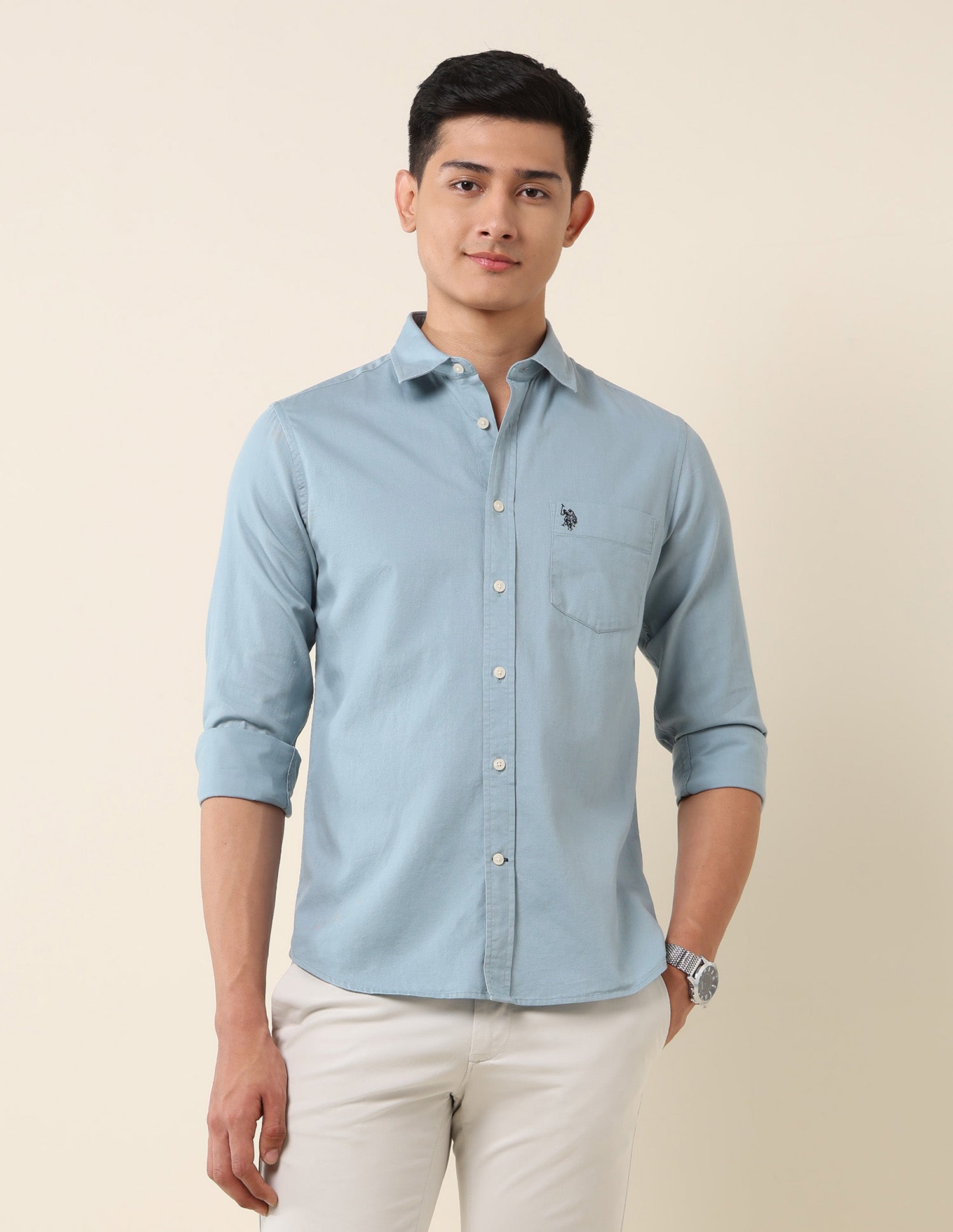 Pure Cotton Dobby Tailored Fit Shirt Light Blue - U.S. Polo Assn. India | Large