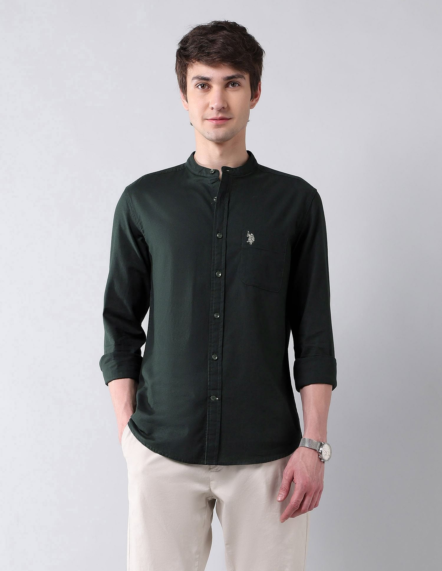 Solid Slub Mandarin Collar Shirt