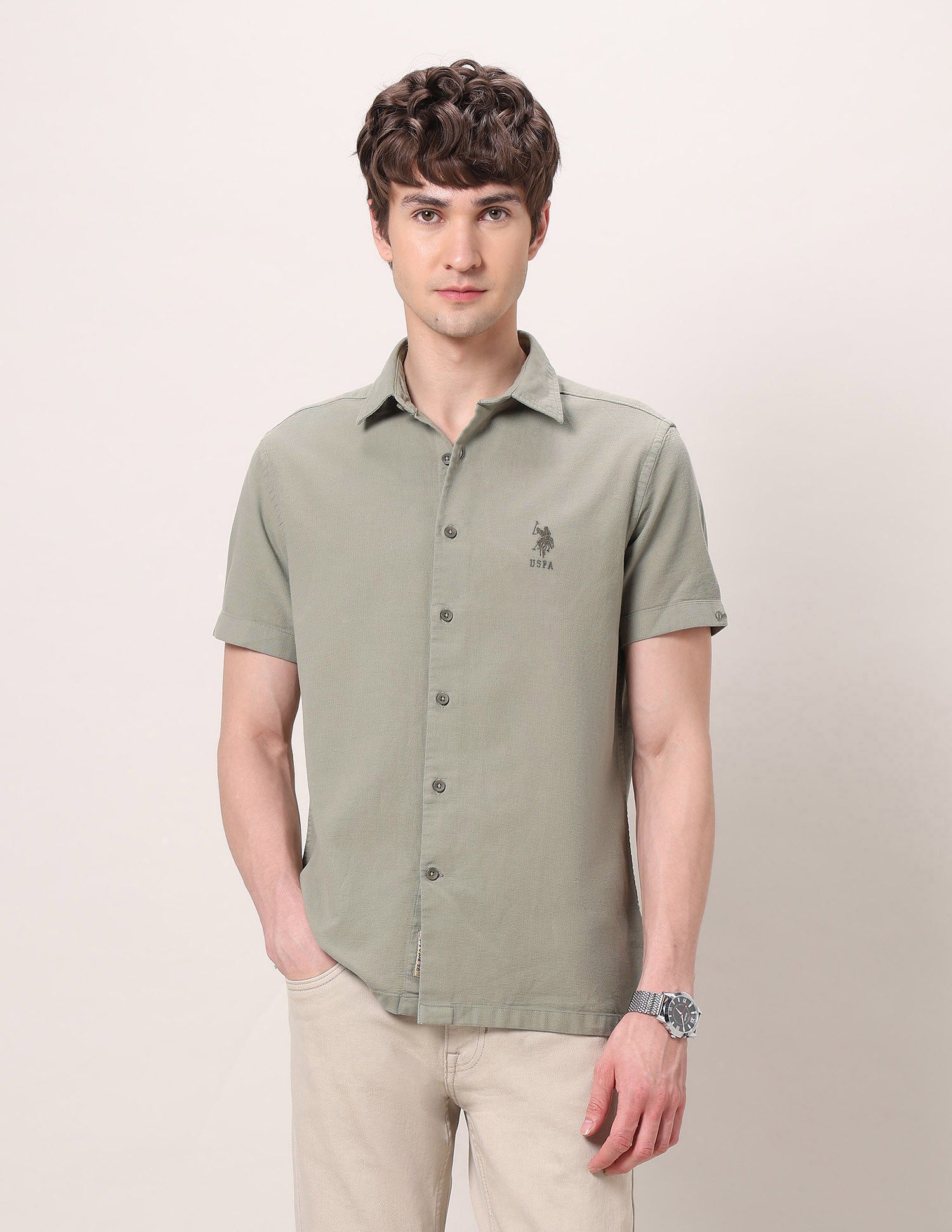 Pure Cotton Dobby Shirt Light Olive - U.S. Polo Assn. India | Large