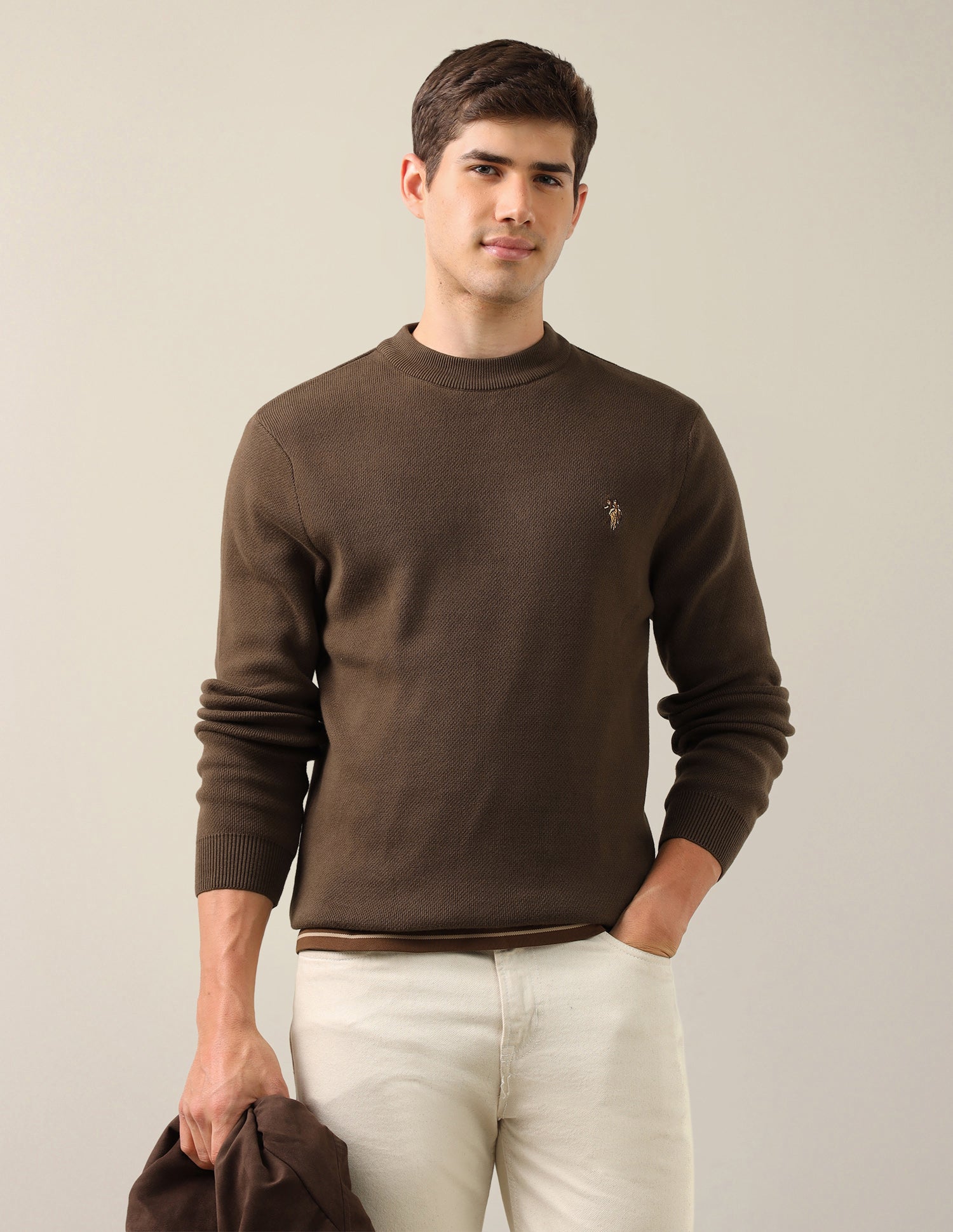 Solid Regular Fit Sweater Brown - U.S. Polo Assn. India | Large