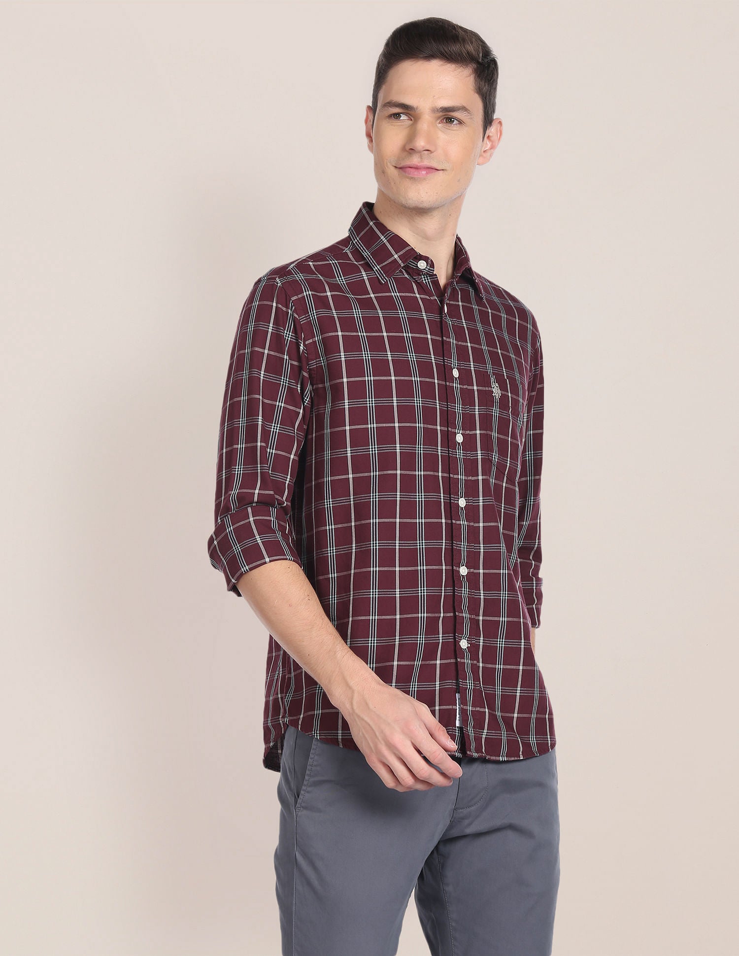 Spread Collar Tartan Check Shirt Maroon - U.S. Polo Assn. India | Large