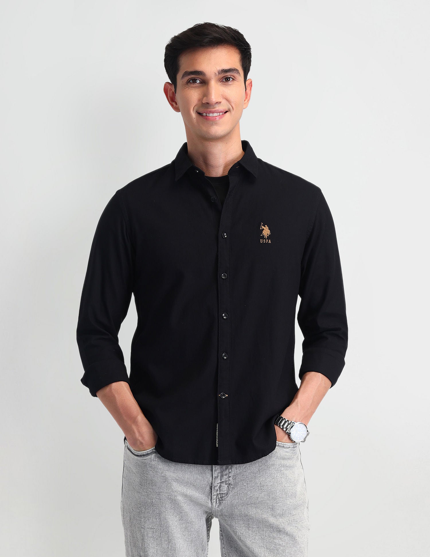 Pure Cotton Solid Shirt Black - U.S. Polo Assn. India | Large
