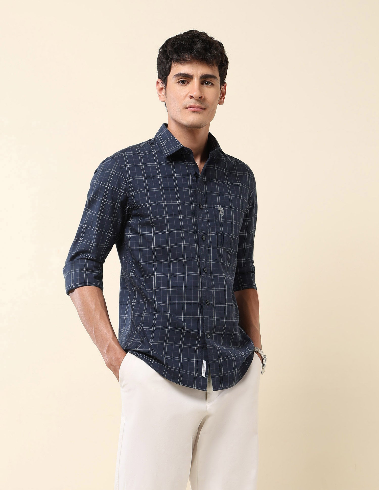 Grid Tattersall Checked Tailored Fit Shirt Navy - U.S. Polo Assn. India | Large