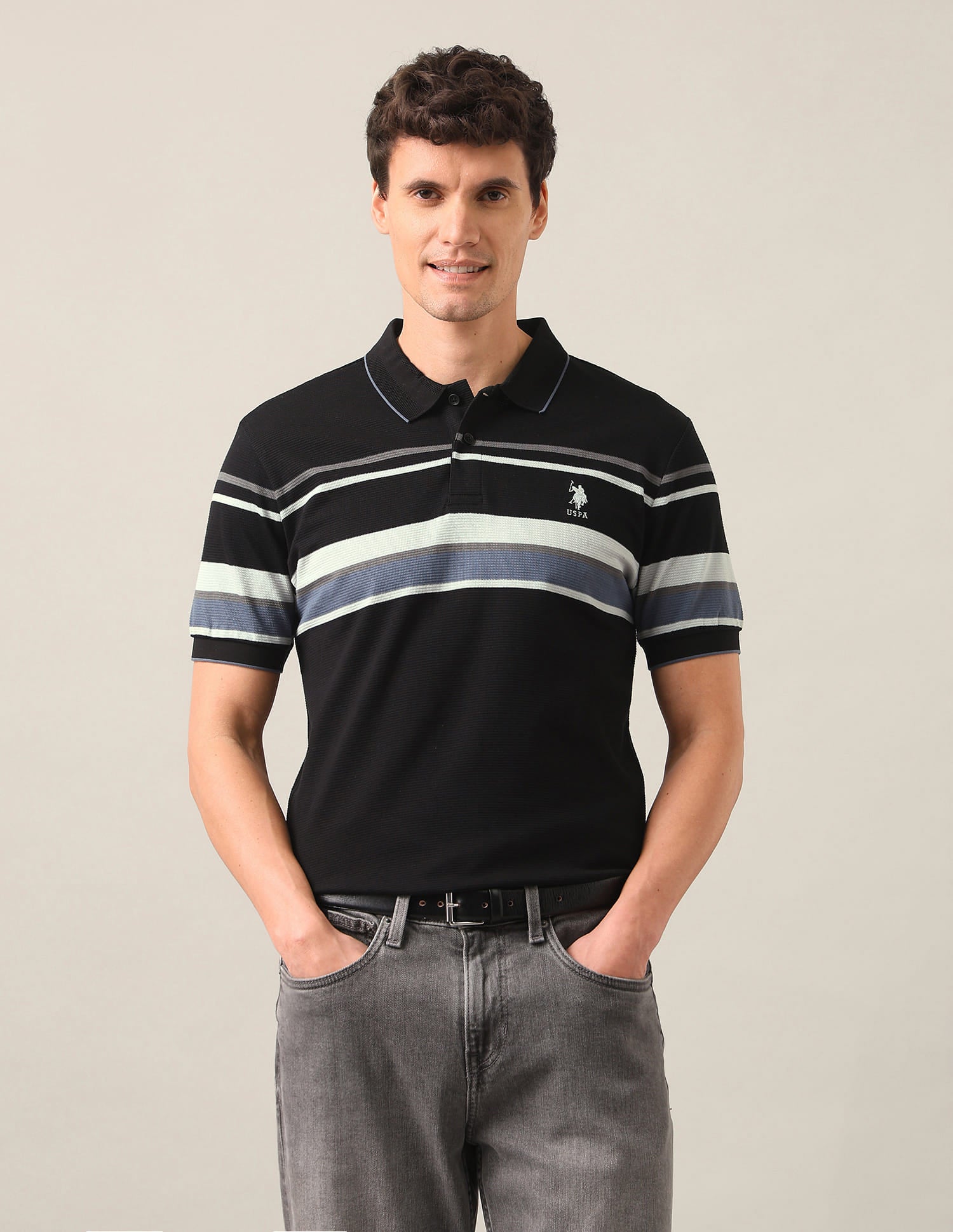Horizontal Striped Slim Fit Polo Shirt Blue - U.S. Polo Assn. India | Large