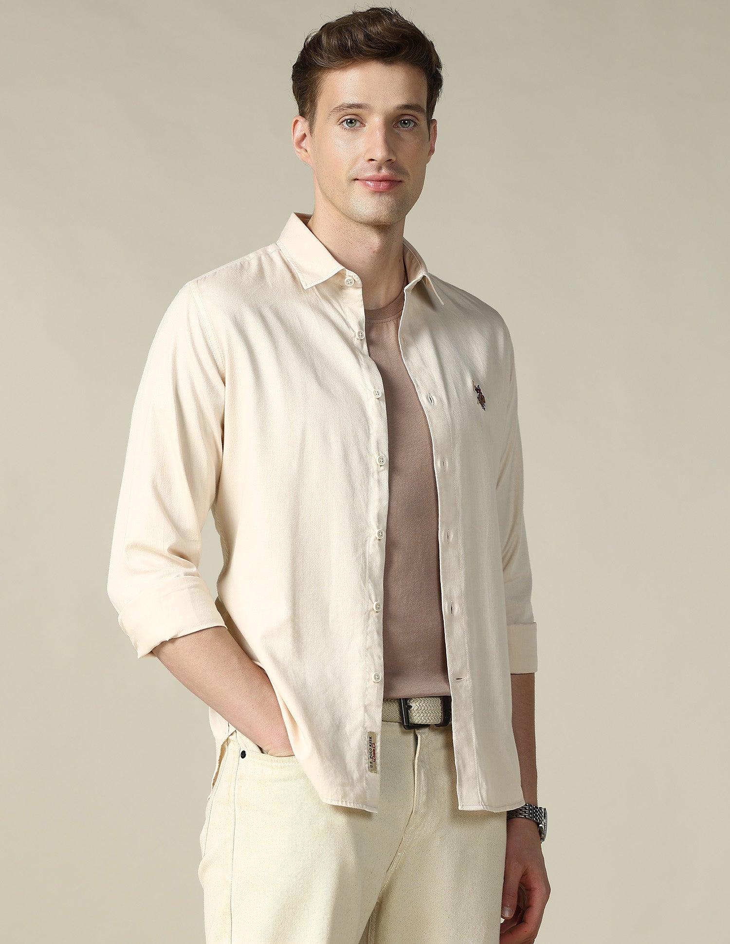 Twill Regular Fit Shirt Cream - U.S. Polo Assn. India | Large