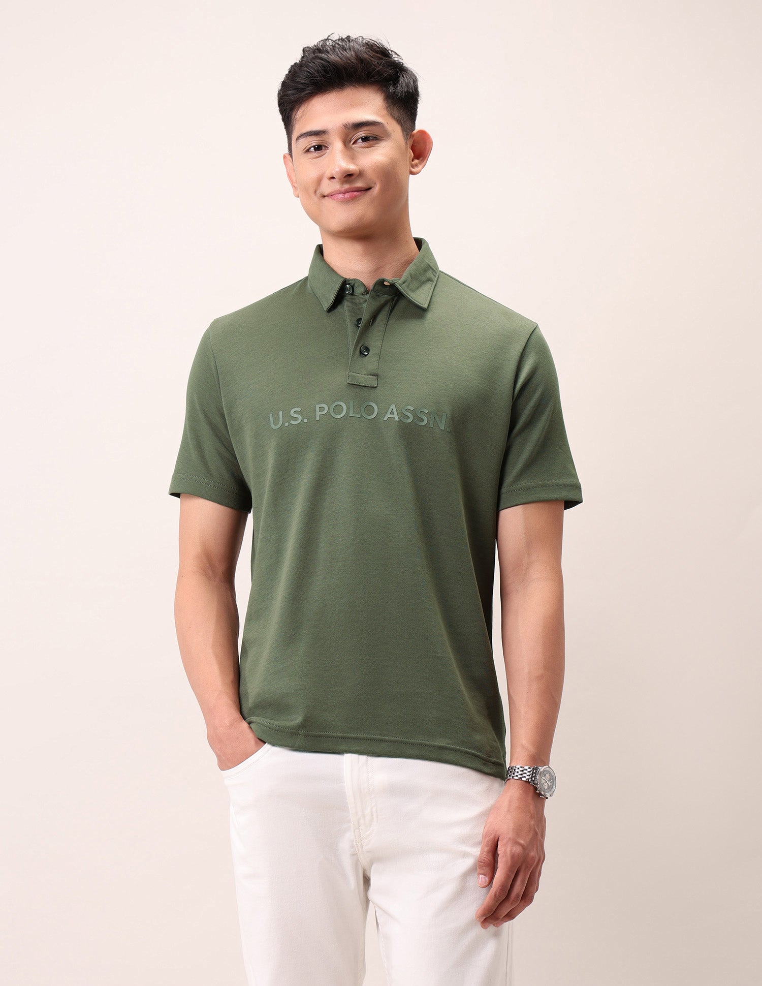 Brand Embossed Outdoor Polo Shirt Olive - U.S. Polo Assn. India | Large