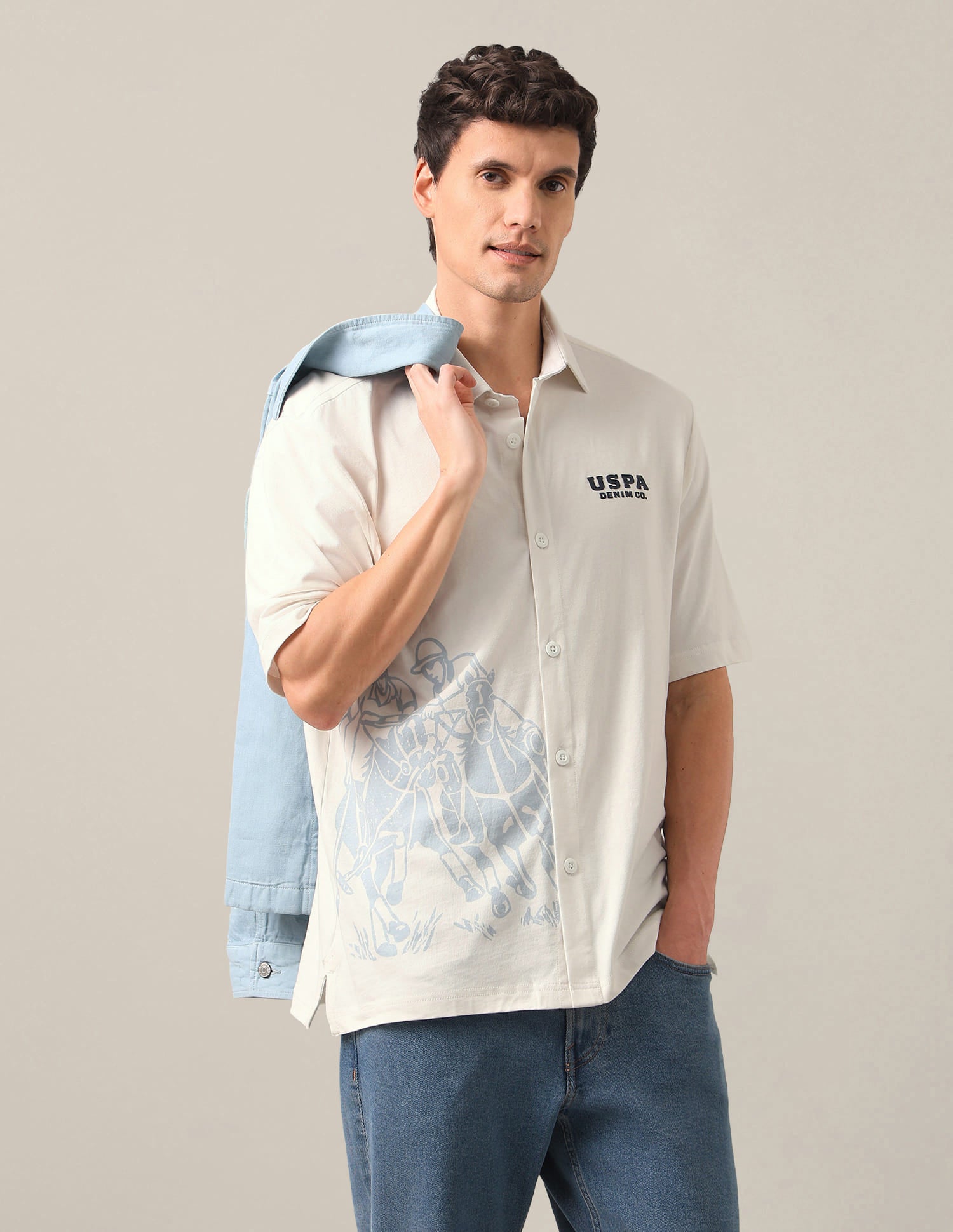 Graphic Brand Printed Slim Fit Polo Shirt White - U.S. Polo Assn. India | Large