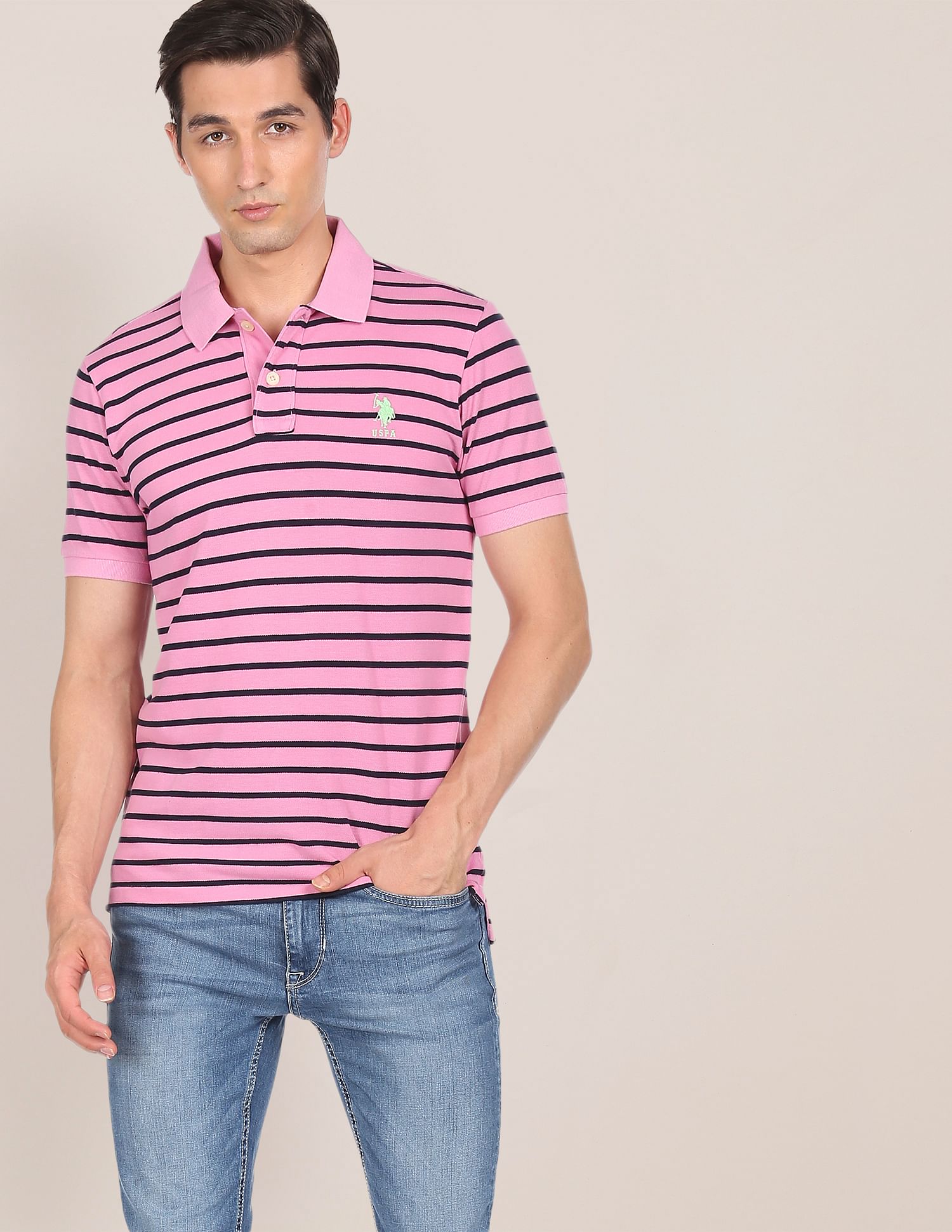 Ribbed Collar Horizontal Stripe Polo Shirt Pink - U.S. Polo Assn. India | Large